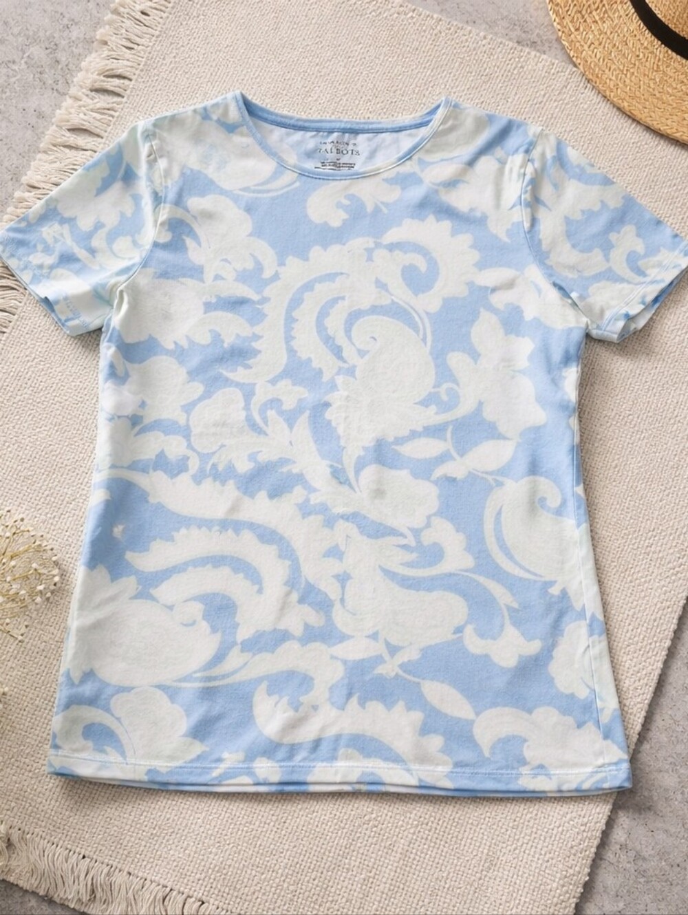 Talbots Light Blue Mint Green  & White Paisley Crewneck Tee